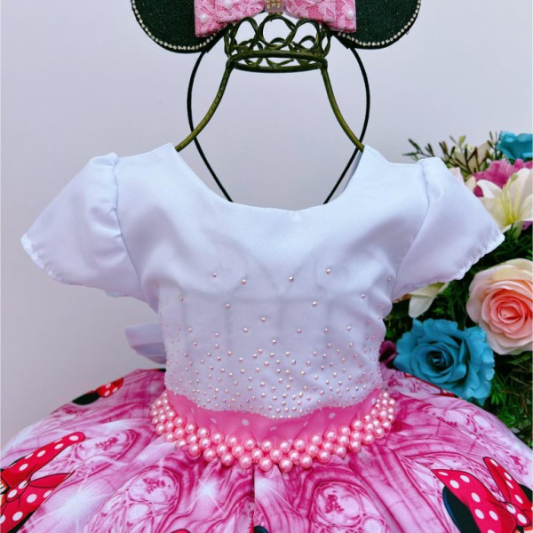Vestido Infantil Minnie Rosa Floral Poá Peito Branco Strass