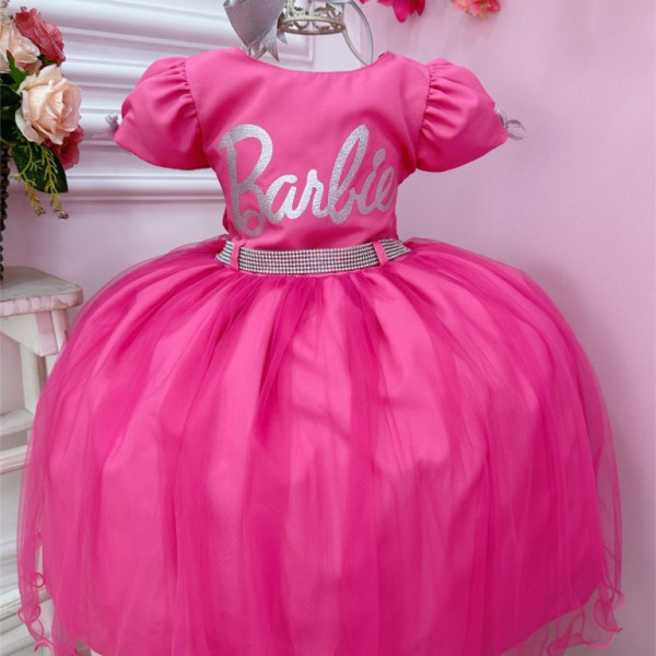 Vestido Infantil Barbie Rosa Chiclete Com Cinto de Strass