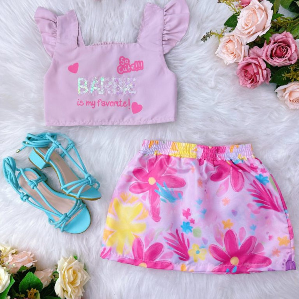 Conjunto Infantil da Barbie Rosa C/ Saia Colorido e Laço Casual