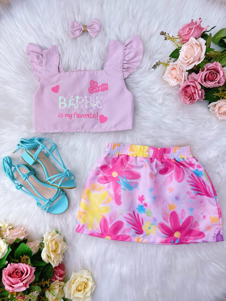 Conjunto Infantil da Barbie Rosa C/ Saia Colorido e Laço Casual