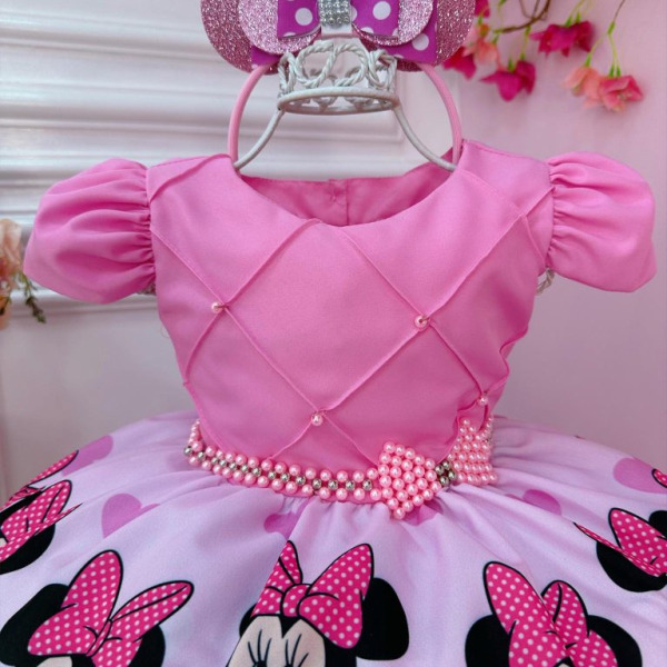Vestido Infantil Minnie Rosa Cinto de Pérolas C/ Tiara
