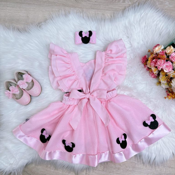Romper da Minnie Rosa Com Laço e Saia Glitter Luxo