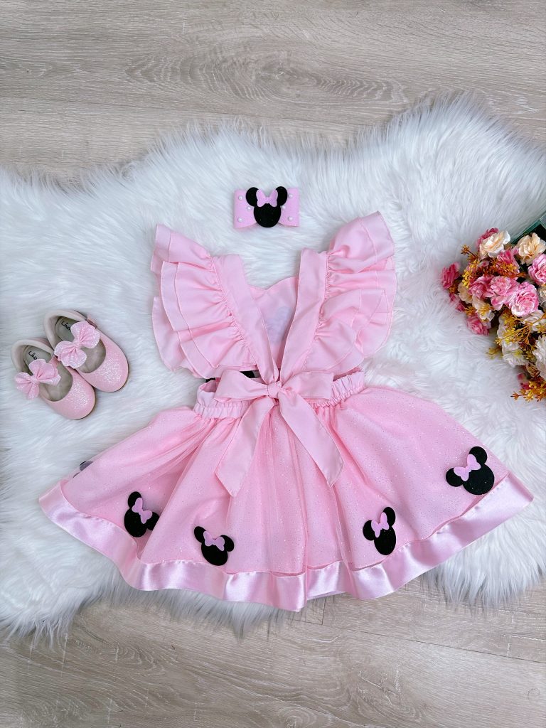 Romper da Minnie Rosa Com Laço e Saia Glitter Luxo