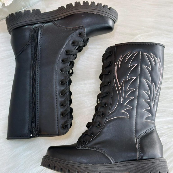 Bota Infantil Boiadeira Cano Alto Preto Cadarço e Zíper