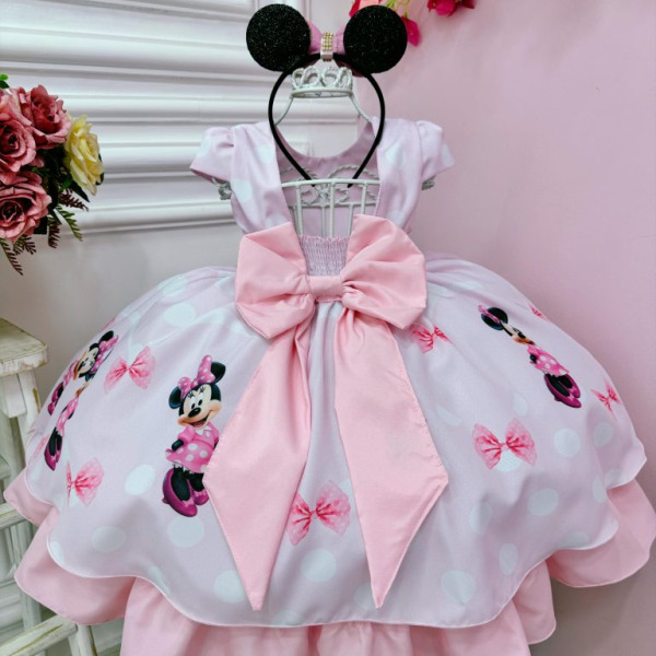 Vestido Infantil Minnie Rosa Com Bolinhas e Pérolas Luxo
