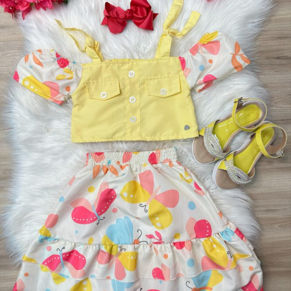 Conjunto Meninas Blusa Amarela e Saia Borboletas Coloridas Casual