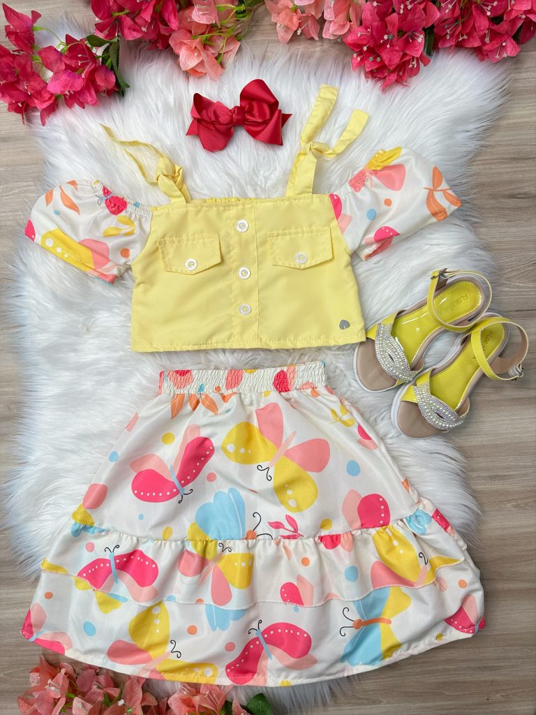 Conjunto Meninas Blusa Amarela e Saia Borboletas Coloridas Casual