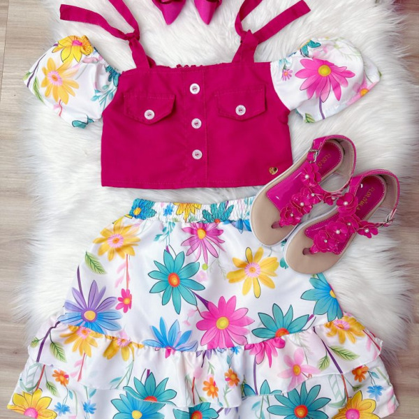Conjunto Meninas Blusa Pink e Saia Florida Margaridas Luxo Casual