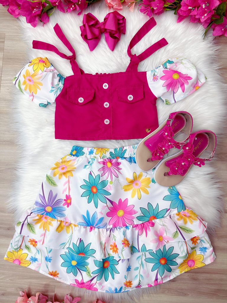 Conjunto Meninas Blusa Pink e Saia Florida Margaridas Luxo Casual