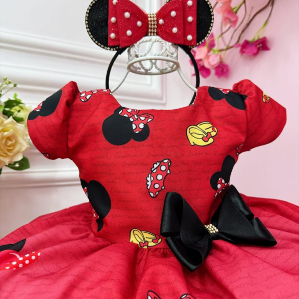 Vestido Infantil Vermelho Festa da Minnie C/ Broche Luxo