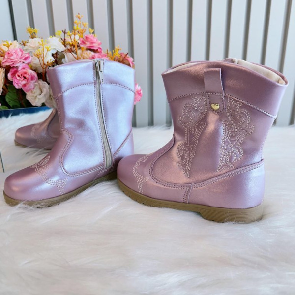 Bota infantil Boiadeira Texana Rose Metalizado Com Zíper Luxo