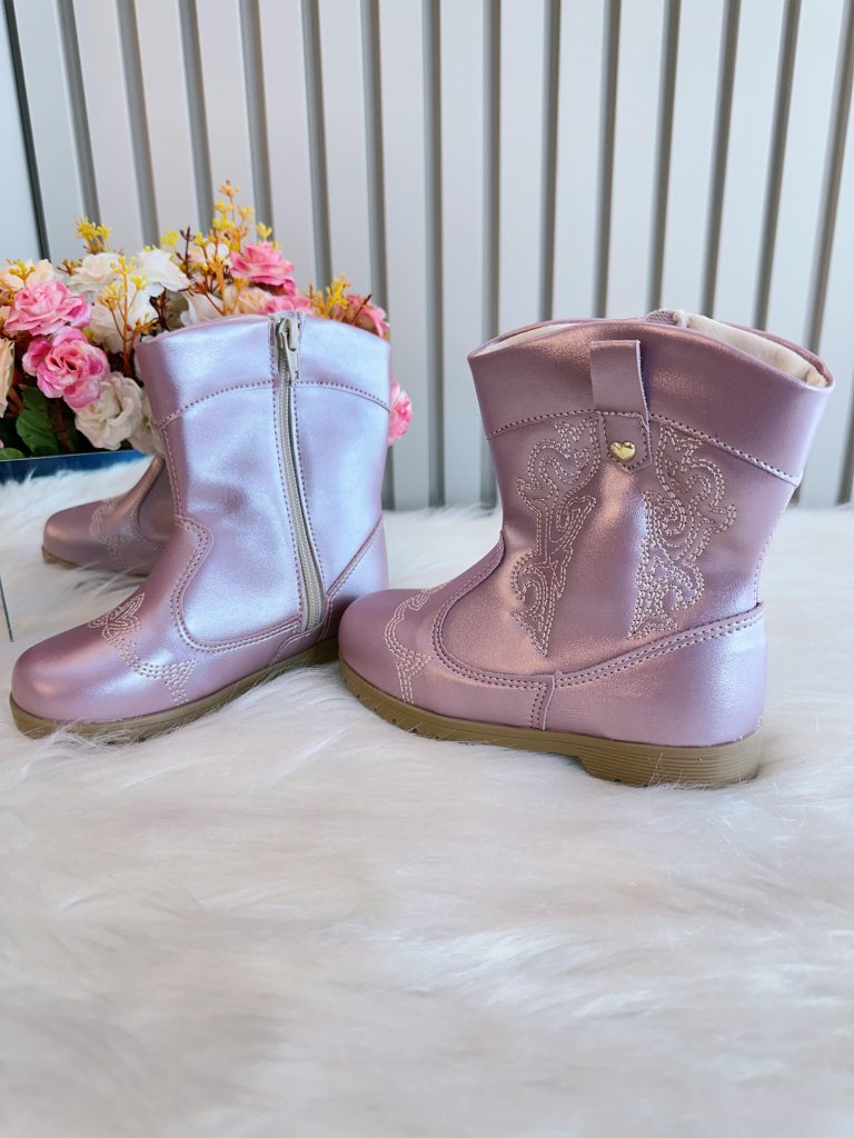 Bota infantil Boiadeira Texana Rose Metalizado Com Zíper Luxo