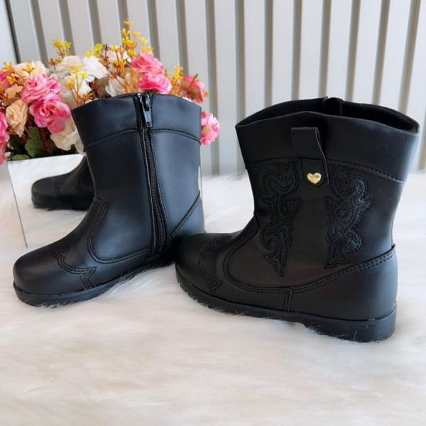 Bota infantil Boiadeira Texana Preto Com Zíper Luxo