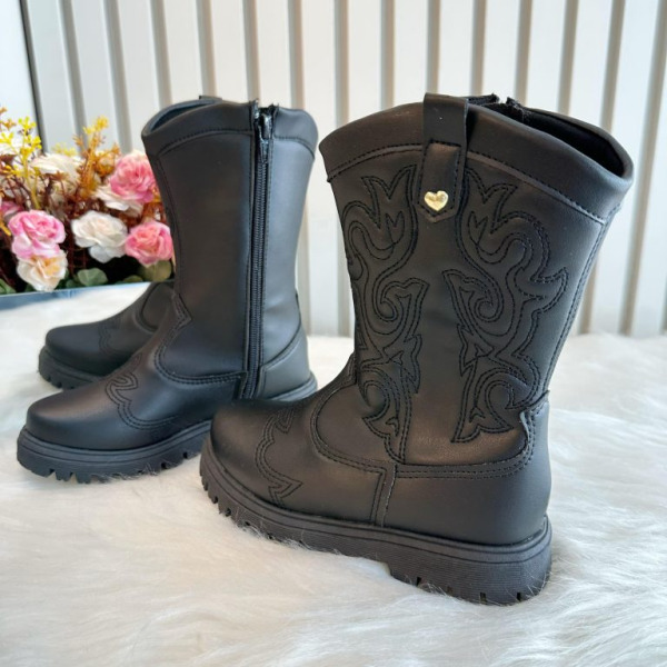 Bota infantil Boiadeira Texana Preto Com Zíper Luxo