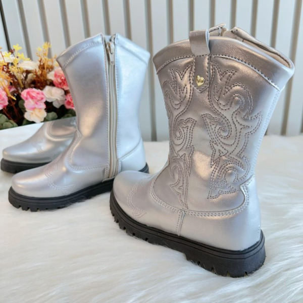 Bota infantil Boiadeira Texana Prata Com Zíper Luxo