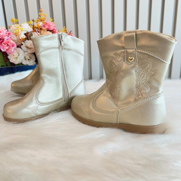 Bota infantil Boiadeira Texana Dourado Com Zíper Luxo