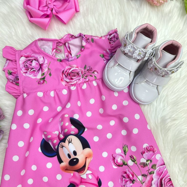 Vestido Infantil Trapézio da Minnie Rosa Manga Flu-Flu