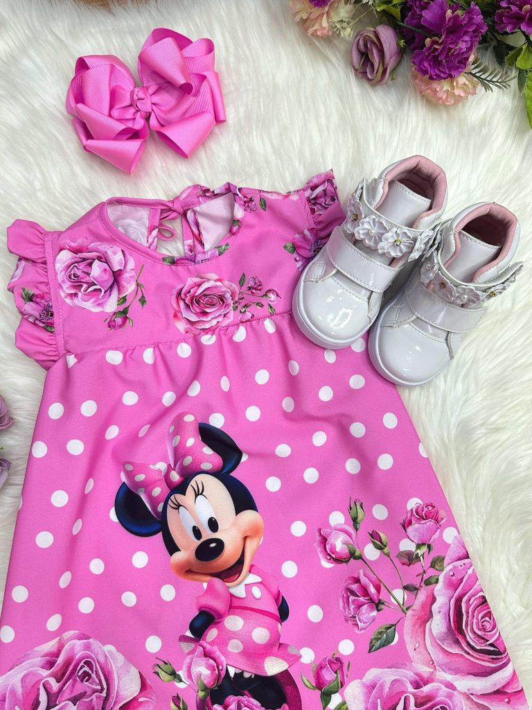 Vestido Infantil Trapézio da Minnie Rosa Manga Flu-Flu