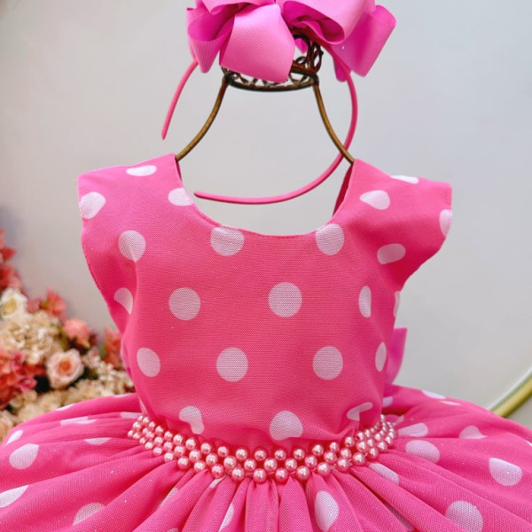 Vestido Infantil Minnie Rosa Bolinhas Brancas Festas Luxo