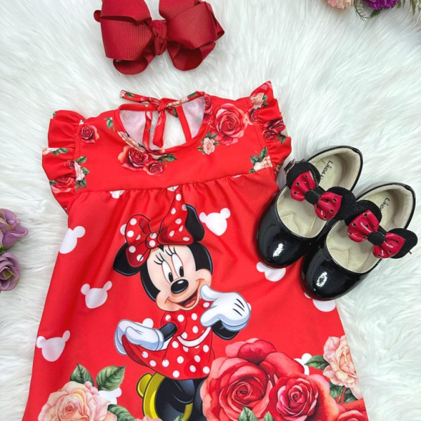 Vestido Infantil Trapézio da Minnie Vermelha Manga Flu-Flu