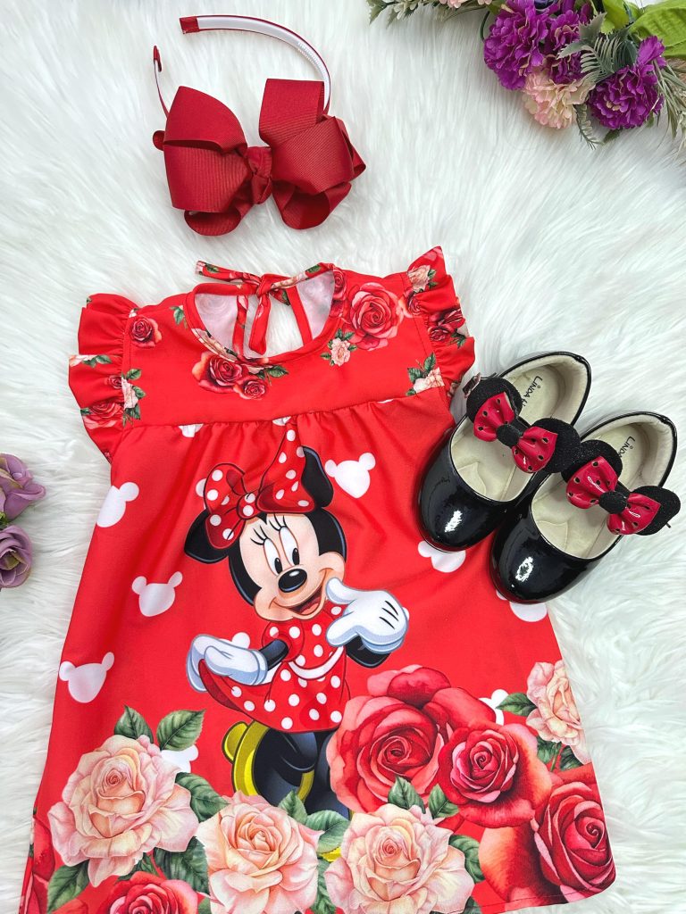 Vestido Infantil Trapézio da Minnie Vermelha Manga Flu-Flu