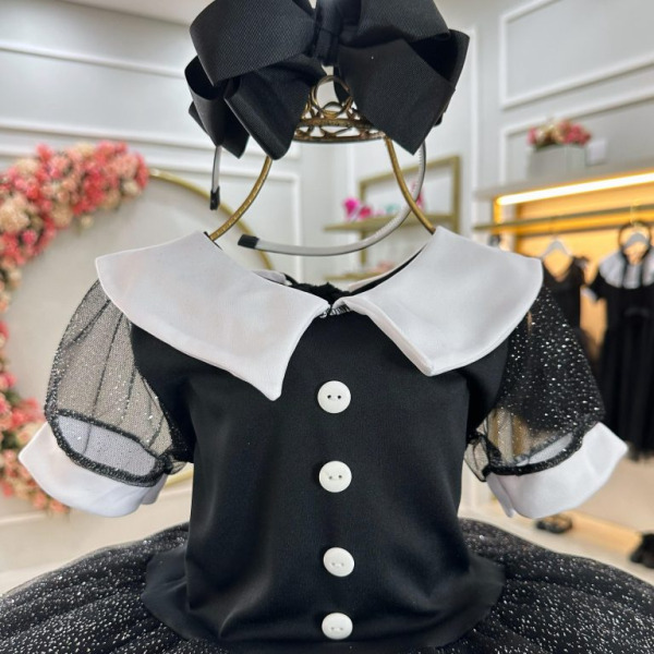Fantasia Wandinha Infantil Preto Gola Branca C/ Glitter