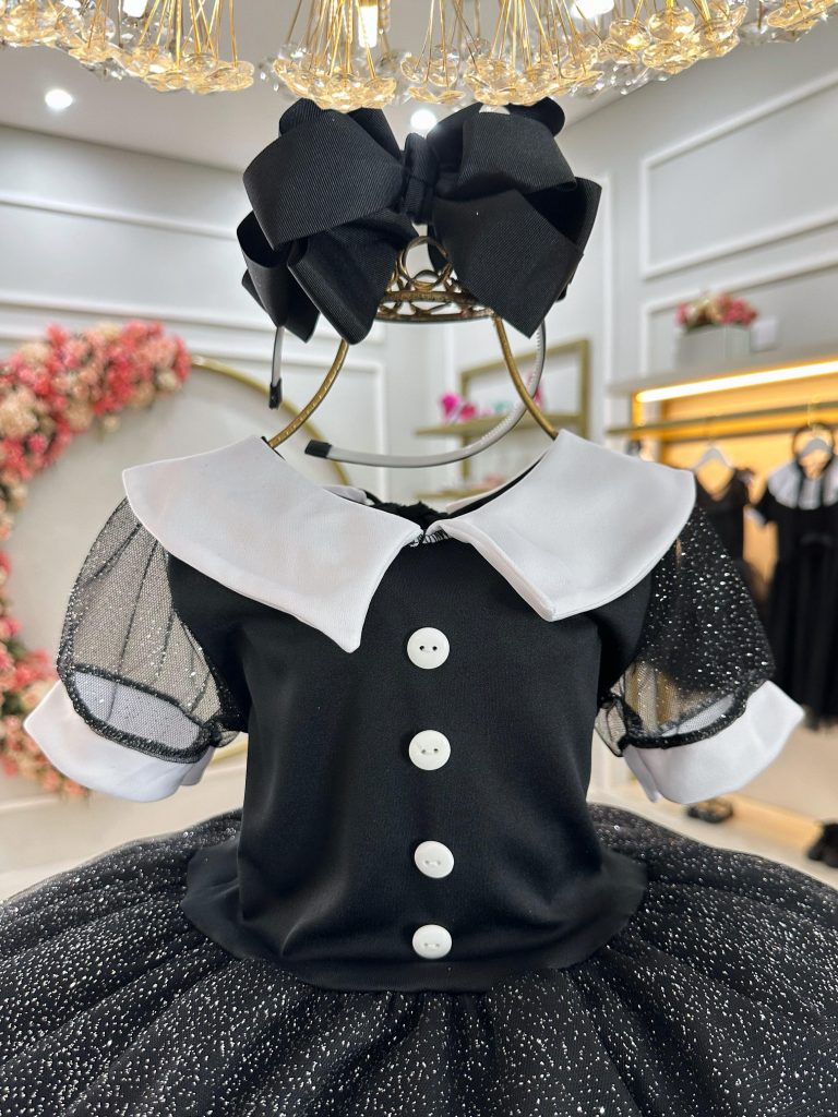 Fantasia Wandinha Infantil Preto Gola Branca C/ Glitter