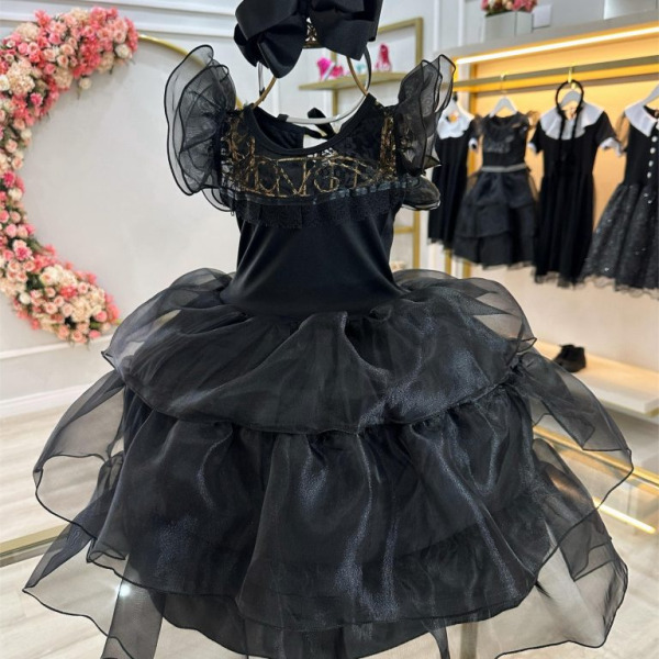 Fantasia Wandinha Infantil Preto Com Babados Luxo