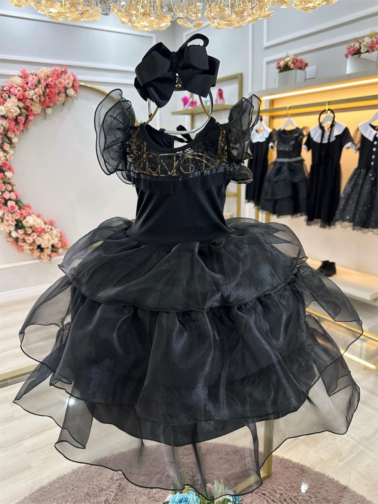 Fantasia Wandinha Infantil Preto Com Babados Luxo