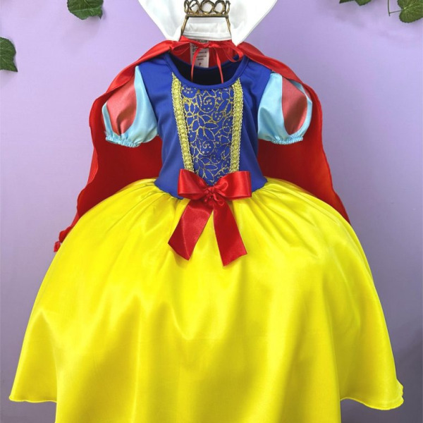 Vestido Fantasia Infantil Branca de Neve Amarelo Capa Tiara