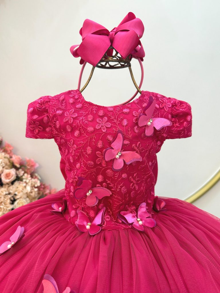 Vestido Infantil Pink C/ Apliques Flores e Borboletas Festas