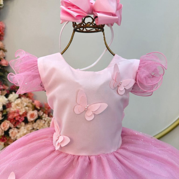 Vestido Infantil Rosa Jardim das Borboletas Festas