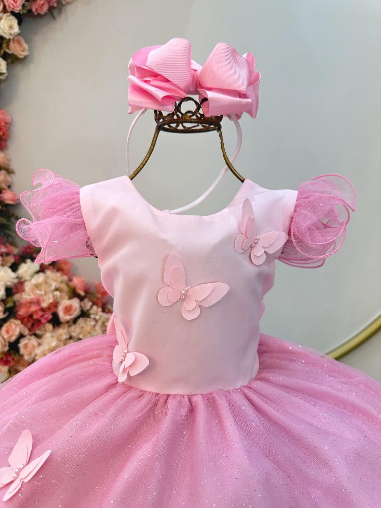 Vestido Infantil Rosa Jardim das Borboletas Festas