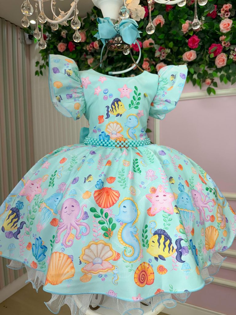 Vestido Tematicos Kids Fundo do Mar - Sereia Ariel Modelo 2 Tiffany