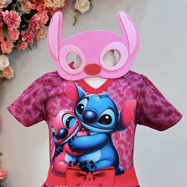 Fantasia Infantil Temática da Angel Stitch Lilo Pink C/ Máscara