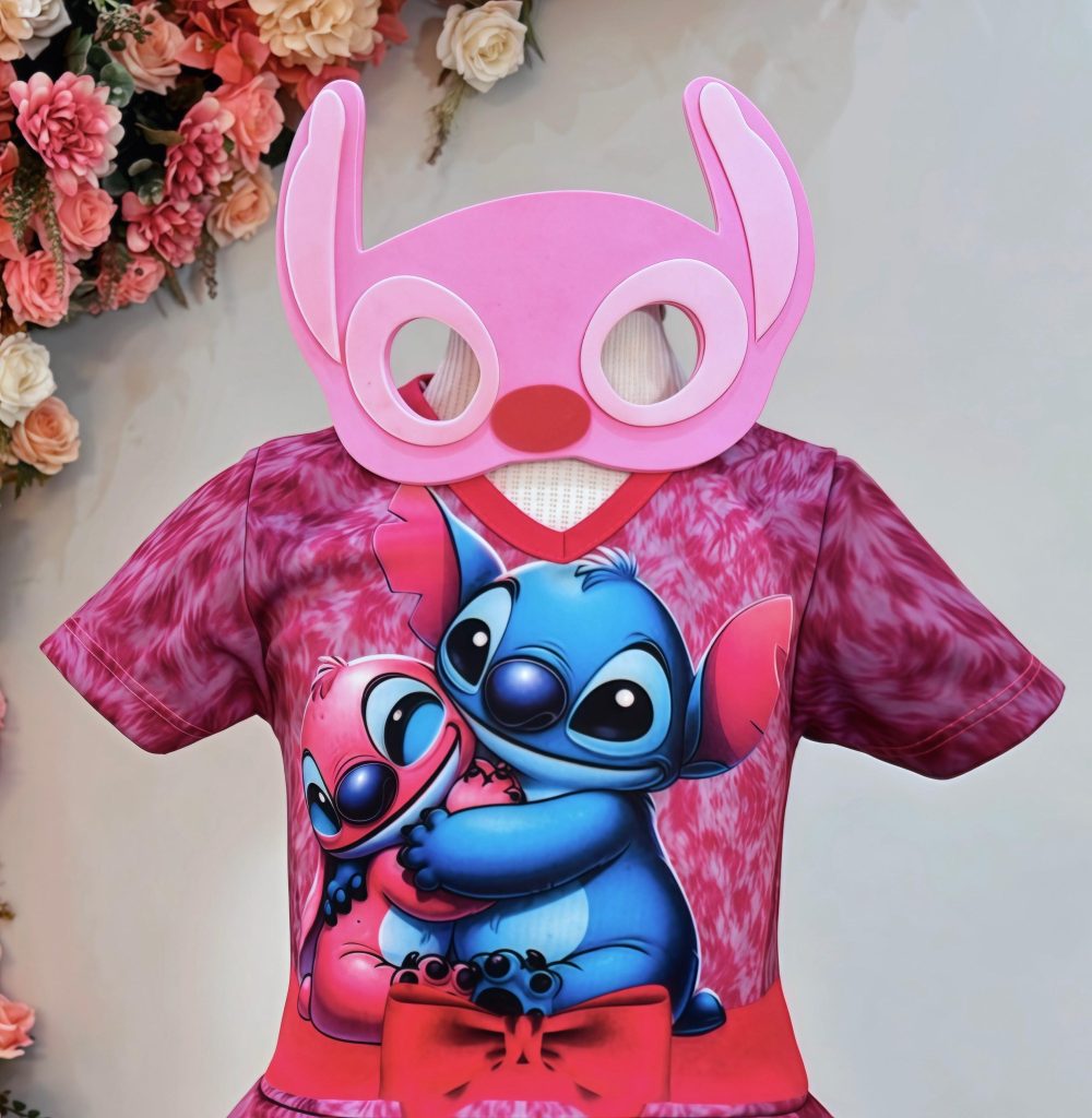 Fantasia Infantil Temática da Angel Stitch Lilo Pink C/ Máscara