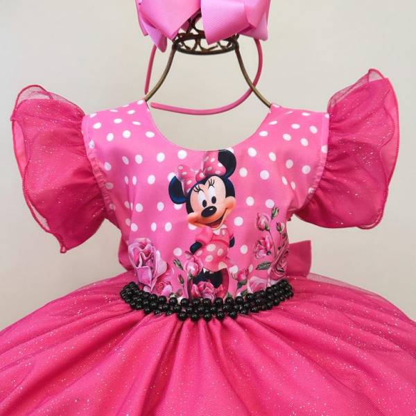 Vestido Infantil Rosa Chiclete Minnie Saia C/ Glitter Festas