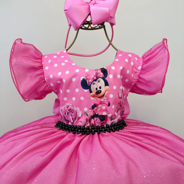 Vestido Infantil Rosa Minnie Saia C/ Glitter Festas