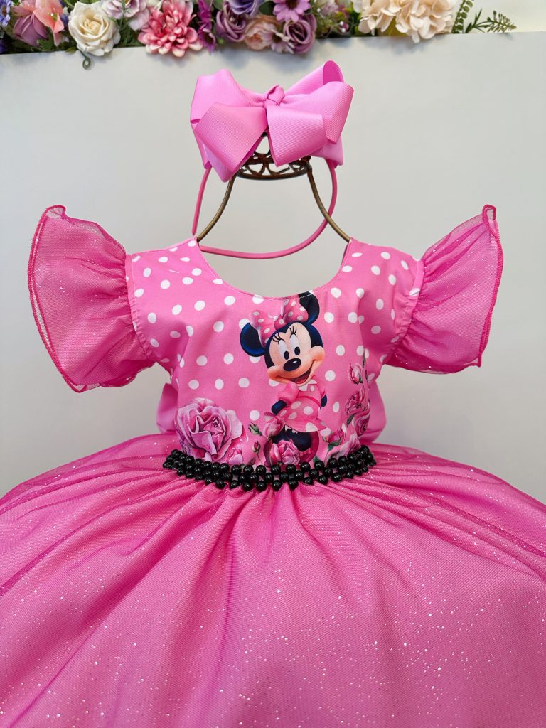Vestido Infantil Rosa Minnie Saia C/ Glitter Festas