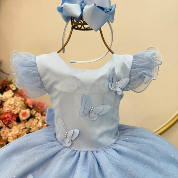 Vestido Infantil Azul Claro C/ Apliques de Borboletas Festas