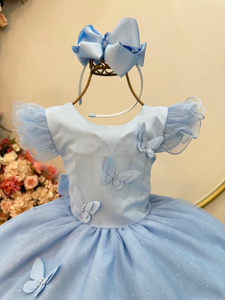 Vestido Infantil Azul Claro C/ Apliques de Borboletas Festas
