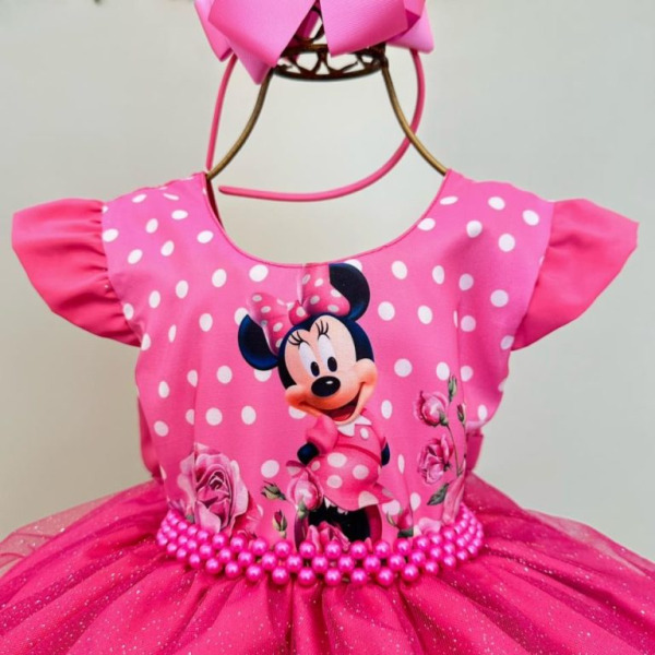 Vestido Infantil Rosa Chiclete Minnie Saia C/ Glitter Festas