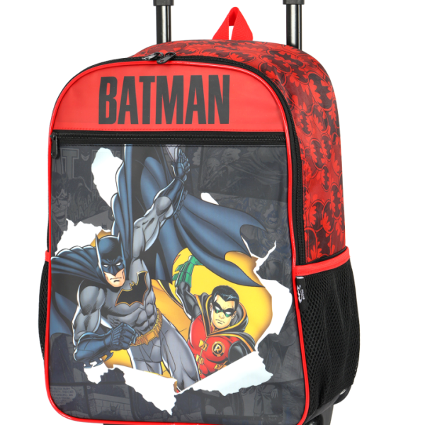 Mochila Infantil C/ Rodinhas Batman e Robin Preta e Vermelha