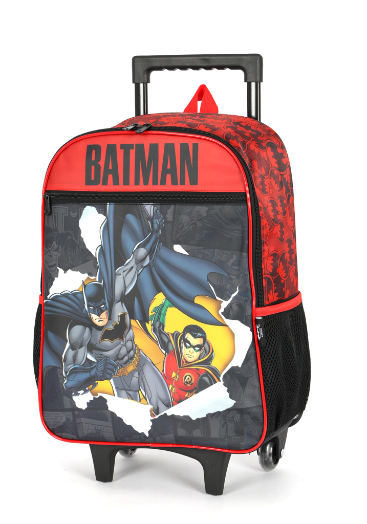 Mochila Infantil C/ Rodinhas Batman e Robin Preta e Vermelha