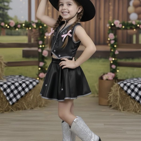 Conjunto Infantil Boiadeira Colete Saia Country Preto Festa