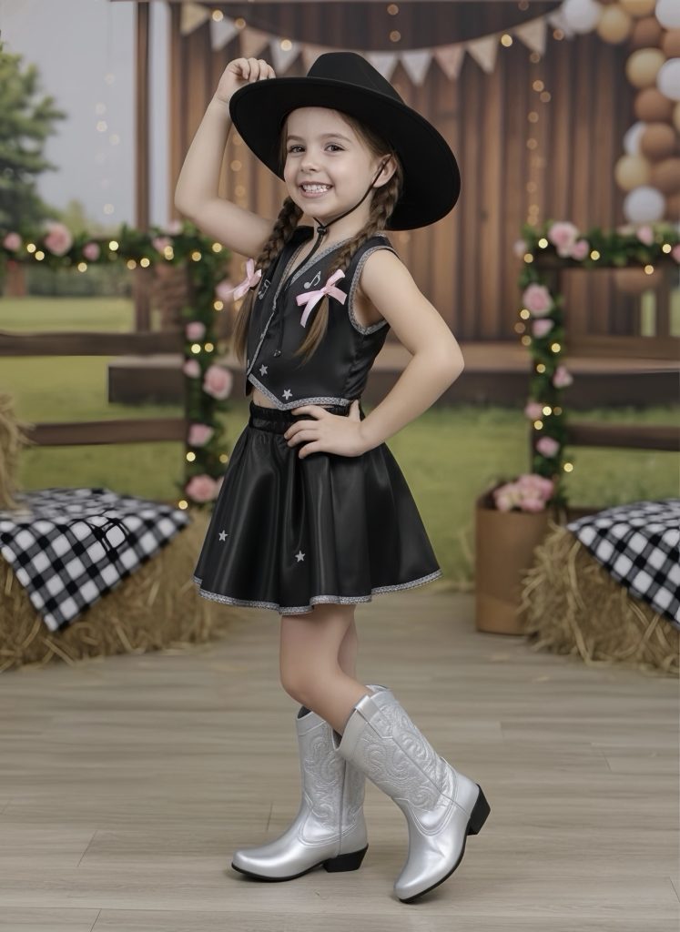 Conjunto Infantil Boiadeira Colete Saia Country Preto Festa