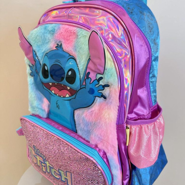 Mochila Infantil C/ Rodinhas da Lilo Stitch e Angel Roxa