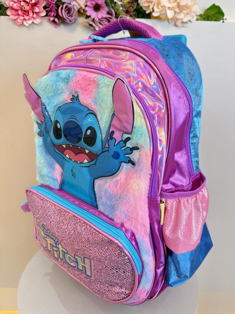 Mochila Infantil C/ Rodinhas da Lilo Stitch e Angel Roxa
