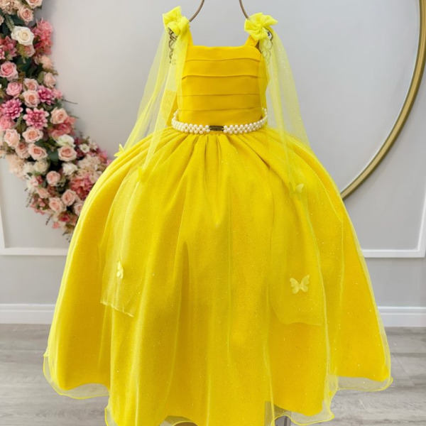 Vestido Infantil Longo Amarelo C/ Aplique de Borboletas Festas