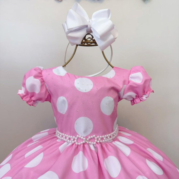 Vestido Infantil Minnie Rosa Busto Com Strass Festas